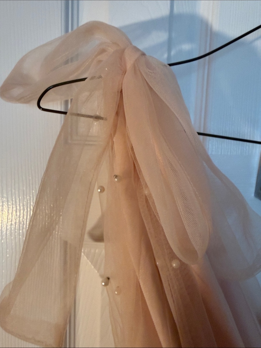 Peach Tulle Party Dress with Pearl Accents - Picture 4 of 6